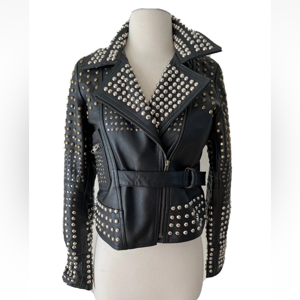 One Teaspoon Black Leather Jacket with Silver and Gold Studs XXS new!